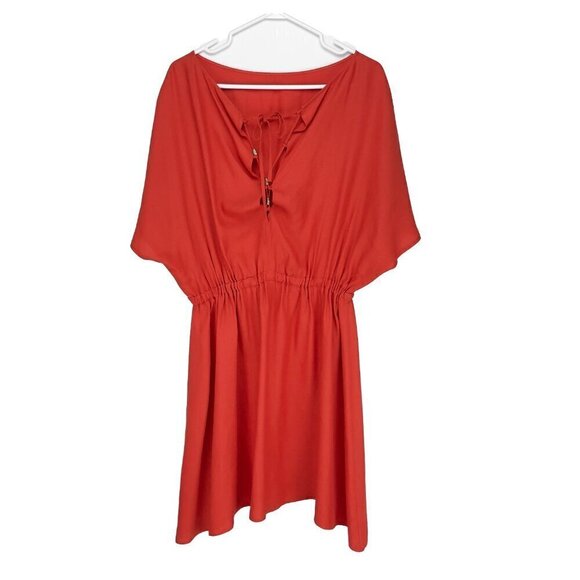 TARA JARMON Fluid Elasticated Waist Back Detailling Solid Red Mini Dress Size 38 - Picture 2 of 7